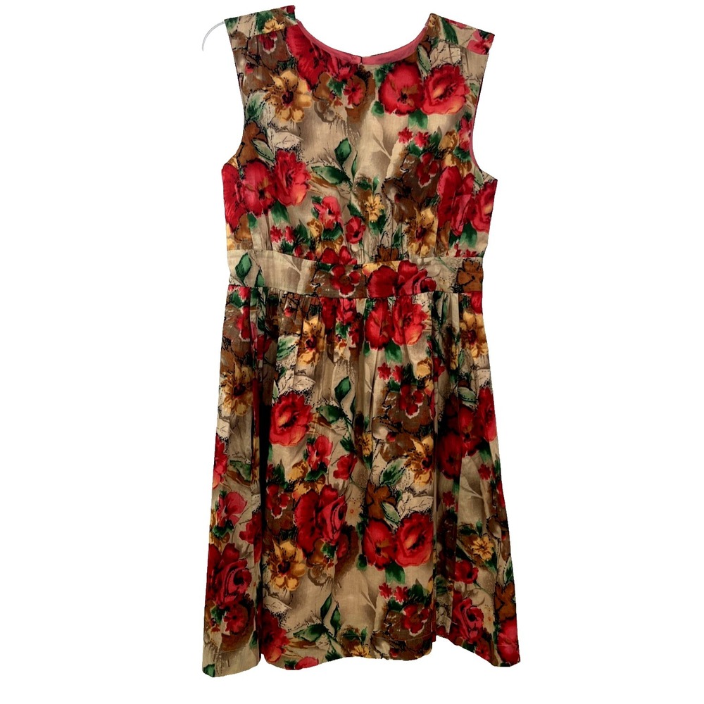 Emily and Fin Dress Fit & Flare Floral Knee Length Size S Retro Pink Tan Cotton